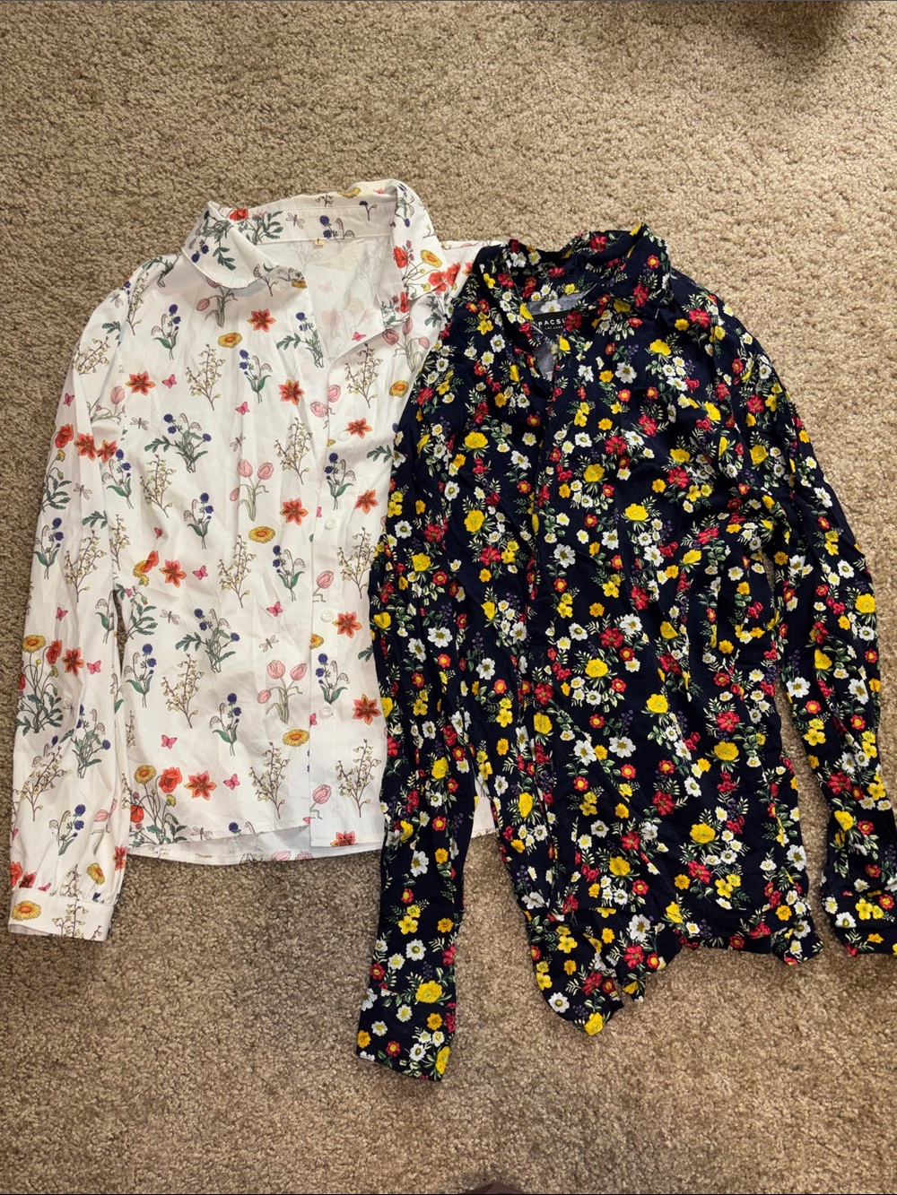 Floral Button-Up Blouse Pair - White & Navy Floral